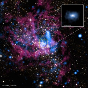 Обобщённый снимок изображений рентгеновской обсерватории «Чандра», отражающий центральную часть Млечного пути, посередине которого находится черная дыра «Стрелец A*»