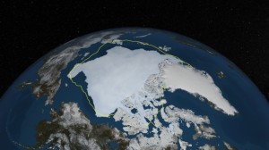 Изображение морского льда Арктики состоянием на 12.09.2013 (жёлтой линией отмечено среднестатистическое значение минимума)