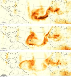 Карты содержания пыли в атмосфере, составленные с помощью Ozone Mapping Profiling Suite