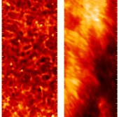 Область хромосферы Солнца в непосредственной близости от двух солнечных пятен