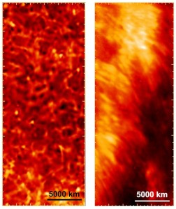 Область хромосферы Солнца в непосредственной близости от двух солнечных пятен