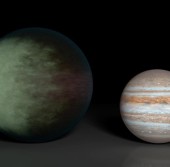 Сравнение размера Kepler-7b (слева) с Юпитером (справа)