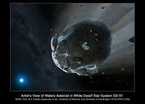 Водосодержащий астероид разрушается под воздействием гравитации белого карлика (в представлении художника)