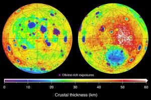 Карта толщины коры Луны, созданная на основании гравиметрических данных «GRAIL» и топографических данных Lunar Reconnaissance Orbiter