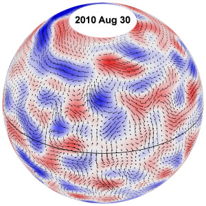 Потоки плазмы в клетках Солнца, состоянием на 30 августа 2010 г. Красные участки показывают поток, направленный на запад, а синие -  на восток