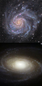 Плоская галактика M101 (сверху) и объёмная галактика M81 (снизу)