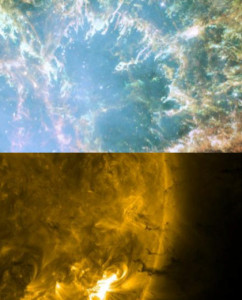 Сравнение коронального выброса на Солнце (снизу) с процессом формирования сверхновой (сверху)