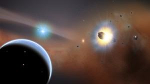 Планета-гигант (внизу слева) вблизи «кометного скопления (справа) в представлении художника