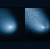 Снимок кометы «Siding Spring» до (слева) и после (справа) обработки