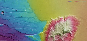 Топографический снимок Daedalia Planum и кратера Mistretta