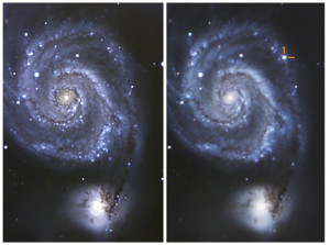 Галактика Водоворот до (слева) и после (справа) взрыва сверхновой SN 2011dh в мае 2011 года