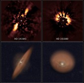 Изображения двух нововыявленных пылевых дисков вокруг молодых звезд (сверху) и распределения пыли в них (снизу)