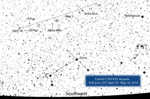 Карта отображающая путь кометы Jacques после 16 апреля