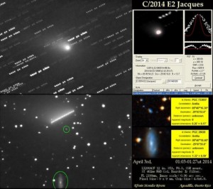 Комета Jacques вблизи двух галактик (снимок от 3 апреля 2014)