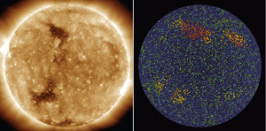 Яркие точки в атмосфере Солнца на снимке слева, соответствуют магнитным участкам на поверхности звезды на снимке справа