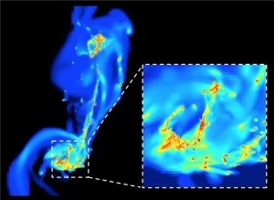 Кадр из моделирования двух взаимодействующих галактик «Antennae». Звезды образуются в чрезвычайно плотных регионах (на снимках - красным и жёлтым) под действием турбулентности сжатия