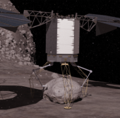 Автоматизированный зонд во время захвата валуна с поверхности астероида
