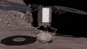Автоматизированный зонд во время захвата валуна с поверхности астероида