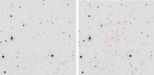 Галактика Segue 1 (на снимке справа звезды обведены красным)