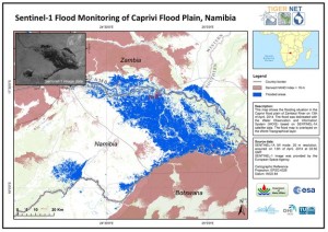 Карта апрельского наводнения в Намибии, составленная на основании данных спутника «Sentinel-1A»