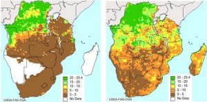 Карта оценки влажности почв Африки до (слева) и после (справа) использования данных «SMOS»