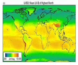 Карта средней интенсивности глобального УФ-В излучения