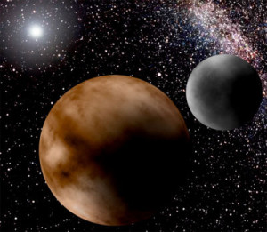 Двойная карликовая система Плутона и его спутника Харона в представлении художника 