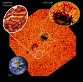 Снимки солнечной поверхности (слева) и нижней хромосферы (солева)