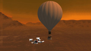 Воздушный шар и квадрокоптер в атмосфере Титана (художественная концепция)