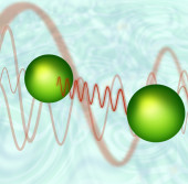 Два атома обмениваются виртуальным фотоном в представлении художника