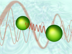 Два атома обмениваются виртуальным фотоном в представлении художника