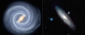 Компьютерные модели Млечного Пути (слева) и Галактики Андромеды (справа)