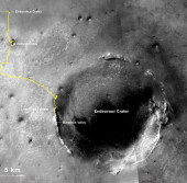Маршрут марсохода ««Opportunity» (желтая линия), который он преодолел с момента высадки на поверхность Красной планеты в июле 2004 года