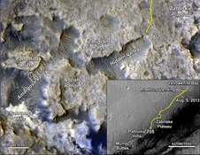 Карта, показывающая формы рельефа вблизи маршрута «Curiosity»