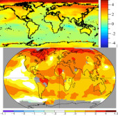 На верхней карте показано прогнозируемое воздействие на скорость глобального потепления всех антропогенных выбросов, в том числе сжигание биомассы.
